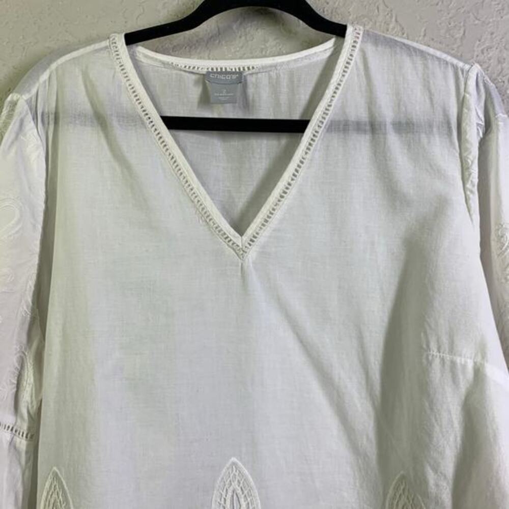 CHICO'S Blouse Embroidered‎ Lace Cutout V-Neck Quarter Sleeve Boho Cottagecore - Picture 6 of 14